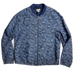 J Crew Floral Jacquard Printed Blue Denim Bomber Jacket Zip Front Size XS